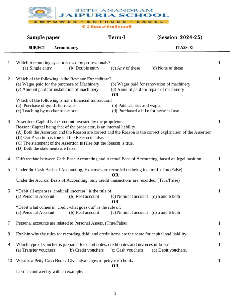 Accountancy Sample Paper for Class XI | PDF | Debits And Credits | Expense