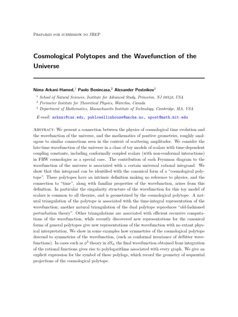Cosmological Polytopes and The Wavefunction of The Universe: Nima ...