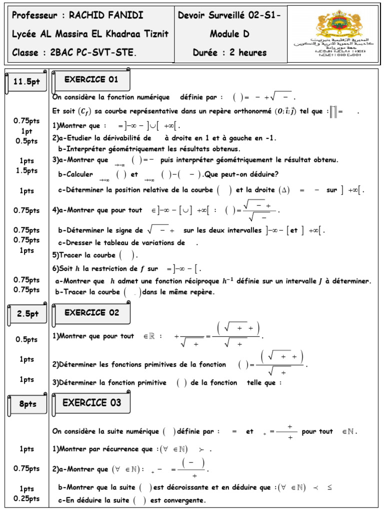 Devoir Mathématiques 2BAC PC - Rachid Fanidi | PDF | Fonction ...