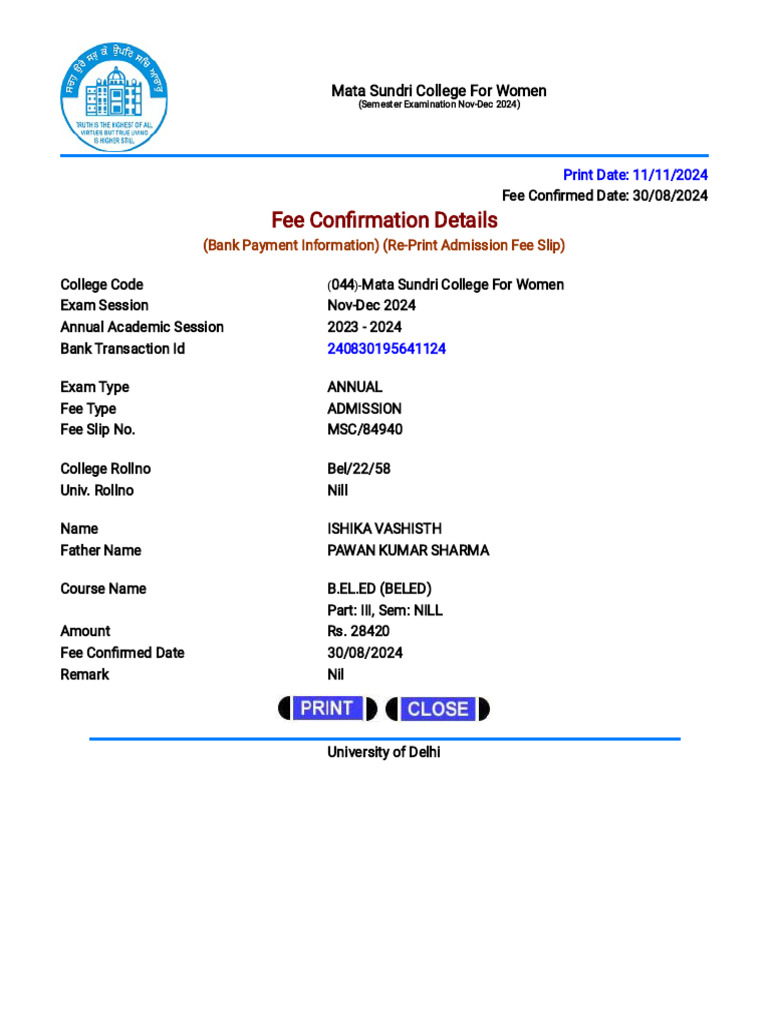 Reprint Admission Fee Slip - MSCW | PDF