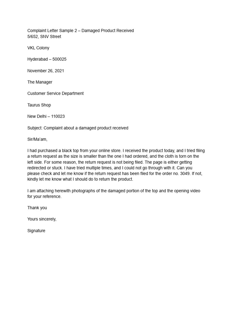 Damaged Product Complaint Letter | PDF