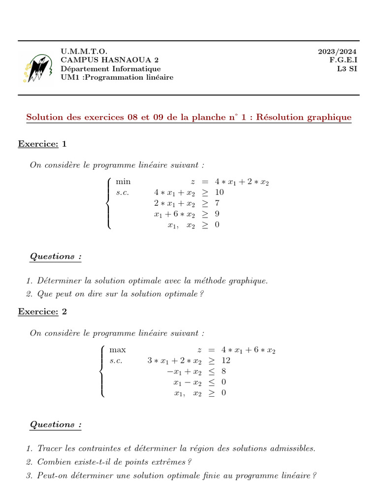 Solutions Optimales en Programmation Linéaire | PDF | Optimisation ...