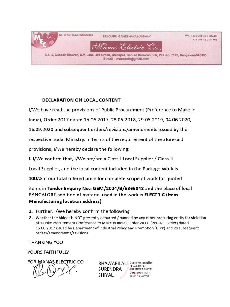 Declaration On Local Content: Bhawarilal Surendra Shiyal | PDF