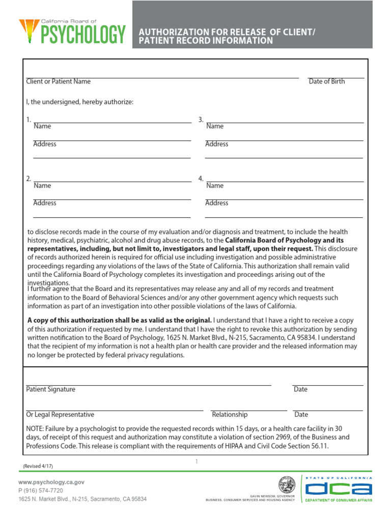 Client Record Release Authorization | PDF | Psychology | Patient