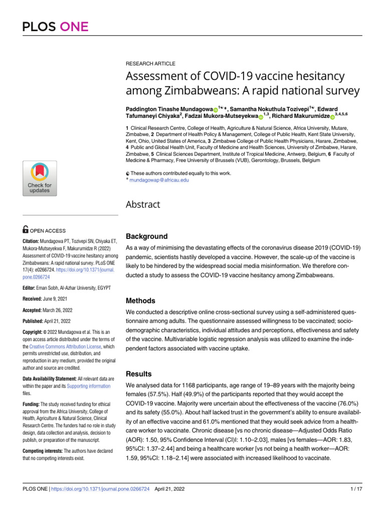 Assessment of COVID-19 Vaccine Hesitancy Among Zimbabweans A Rapid ...