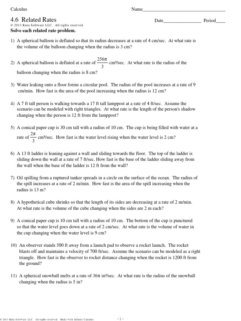 Related Rates Calculus Problems Worksheet | PDF | Area | Sphere
