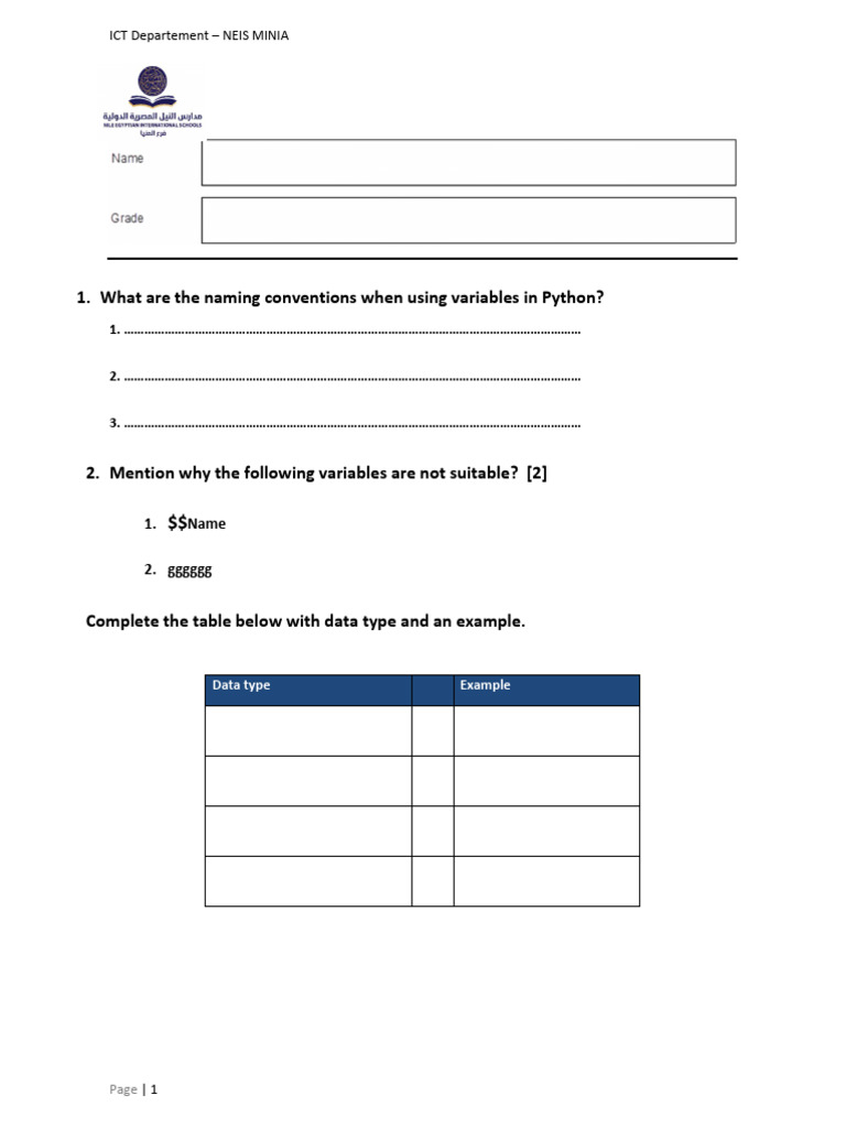 ICT-Grade9-B2-W4-U2-RevisionSheet1 - Extra - (Minia) | PDF
