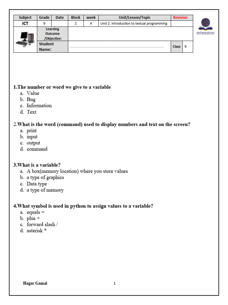 ICT Grade9 B2 W4 U2 RevisionSheet1 Extra (October) | PDF | Data Type ...