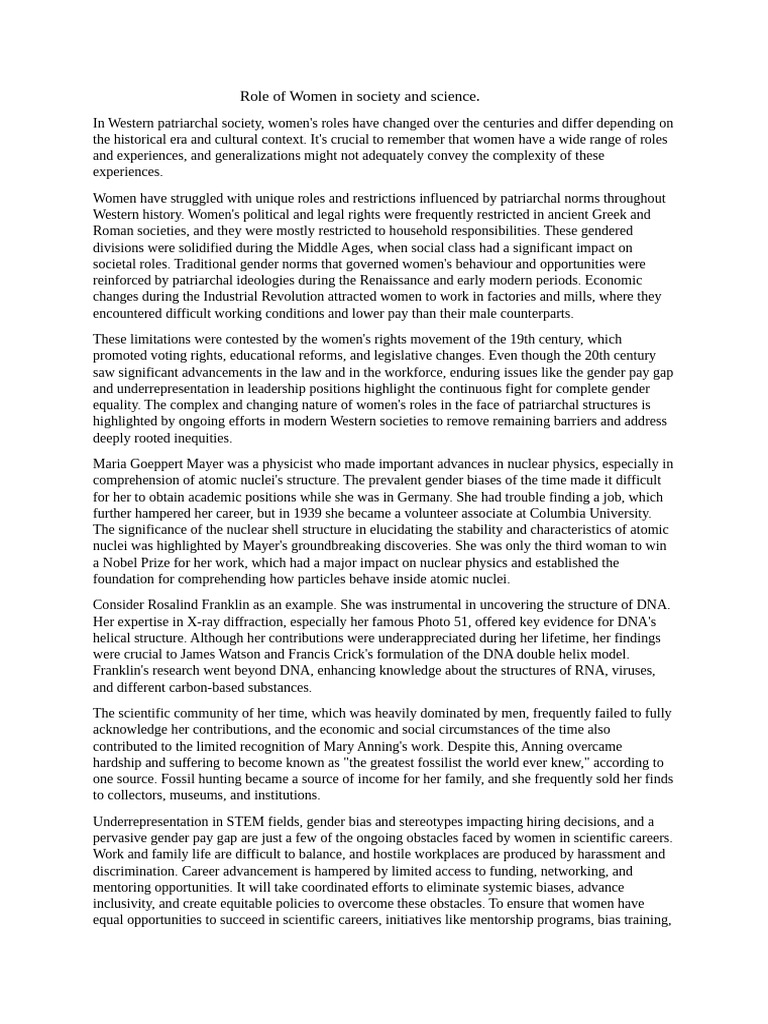Role of Women in Society and Science | PDF | Gender Role | Dna