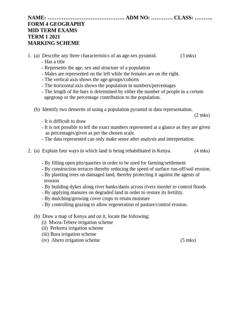 2021 geography form 4 term 1 mid term exams marking scheme pdf