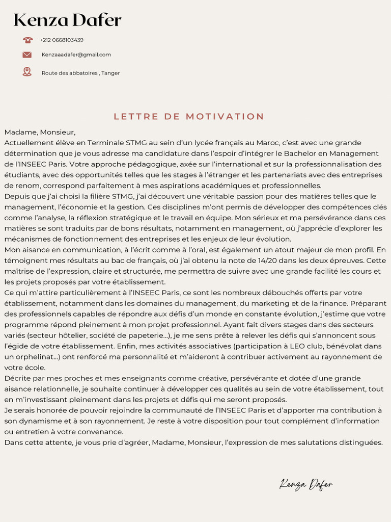 Lettre de Motivation Inseec | PDF