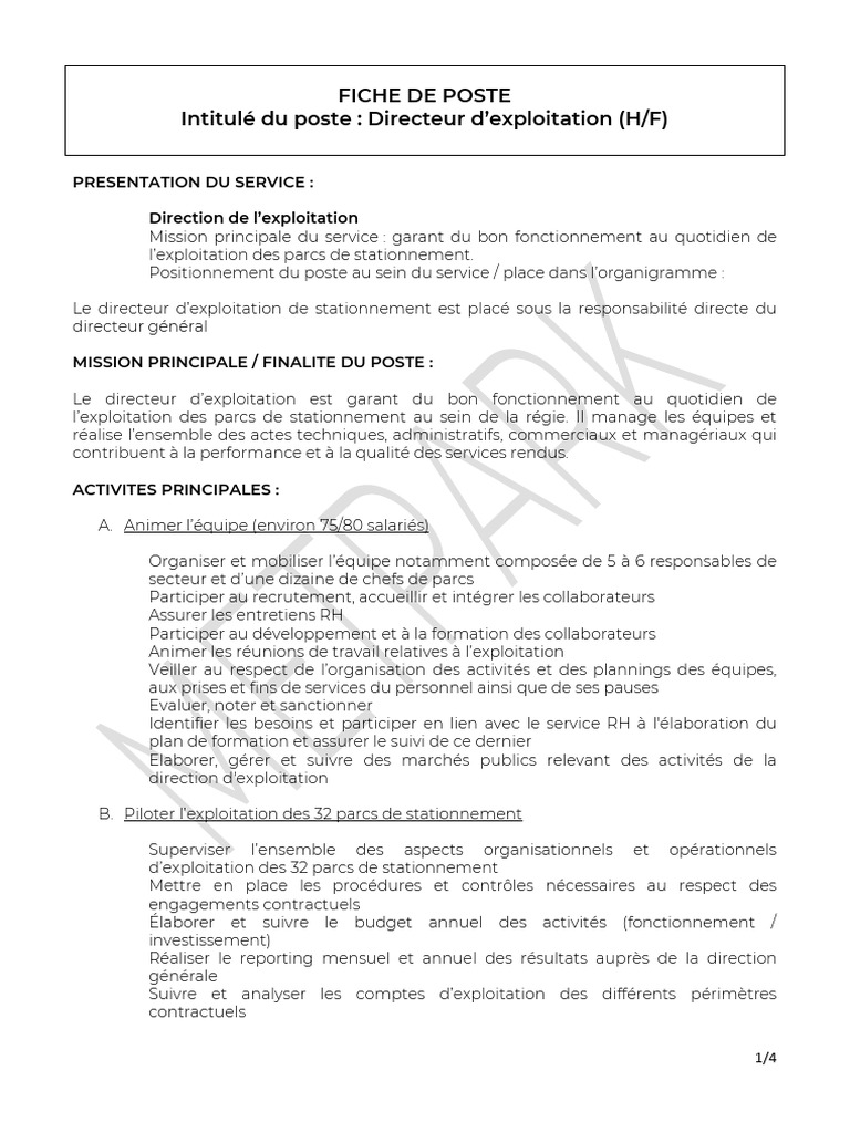 Fiche de poste : Directeur d'exploitation | PDF | Gestion des ...