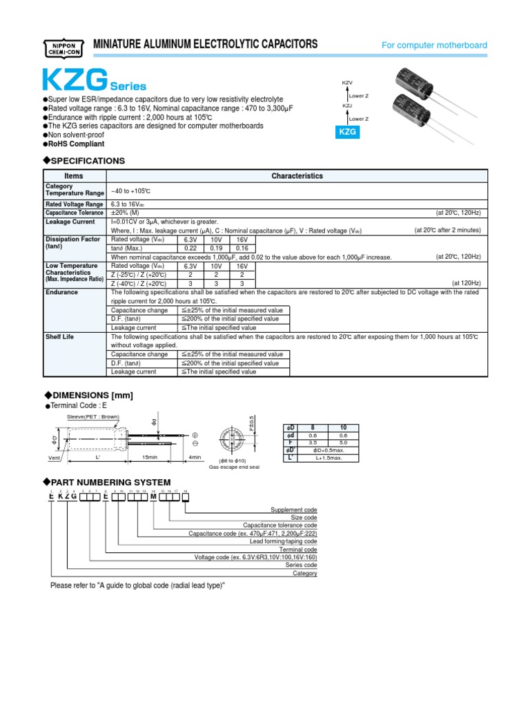 ChemiCon KZG Series Electrolytic Capacitors Datasheet PDF