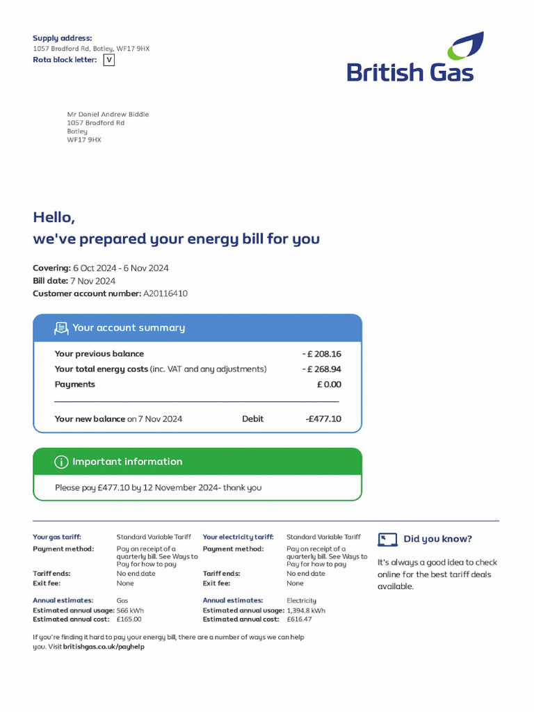 British Gas Statement A20116410 07 NOV 24 | PDF