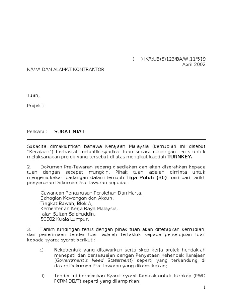 Contoh Surat Tunjuk Minat Projek Pembinaan