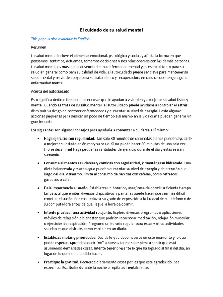 Cuidado de la Salud Mental y Autocuidado | PDF | Salud mental | Sicología