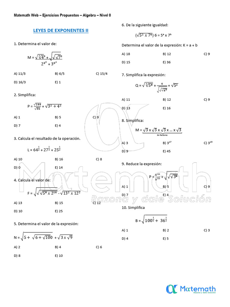 Leyes+de+Exponentes+II+-+Nivel+0+-+Parte+1 | PDF
