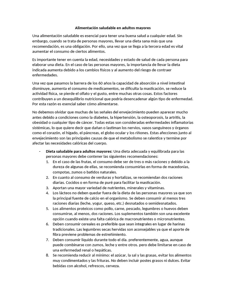 Alimentación Saludable para Adultos Mayores | PDF | Dieta | Dieta saludable