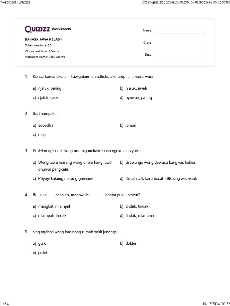 Worksheet Quizizz Pdf