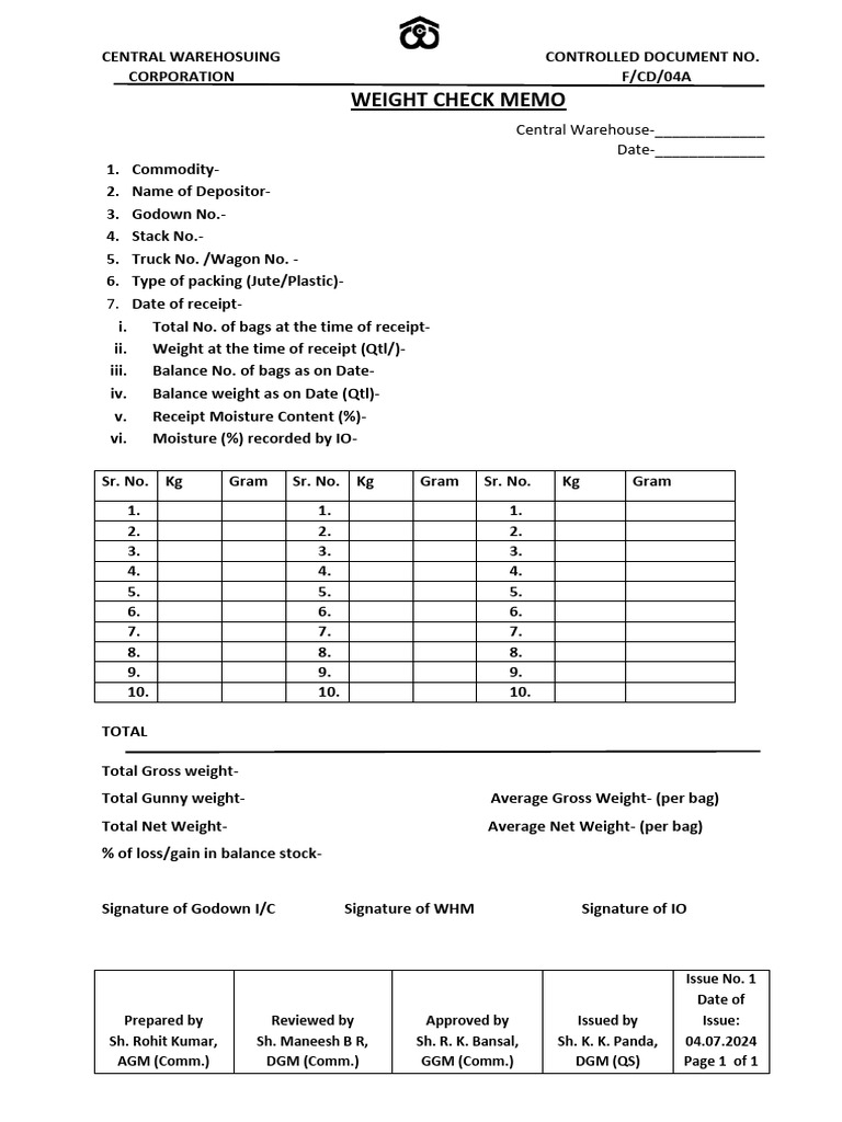 Revised ISO Format Weight Check Memo | PDF