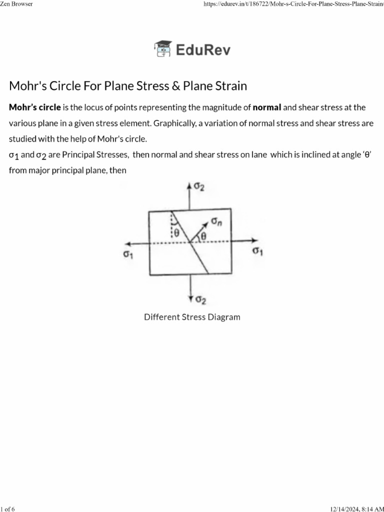 Mohrs Circle For Plane Stress Plane Strain | PDF
