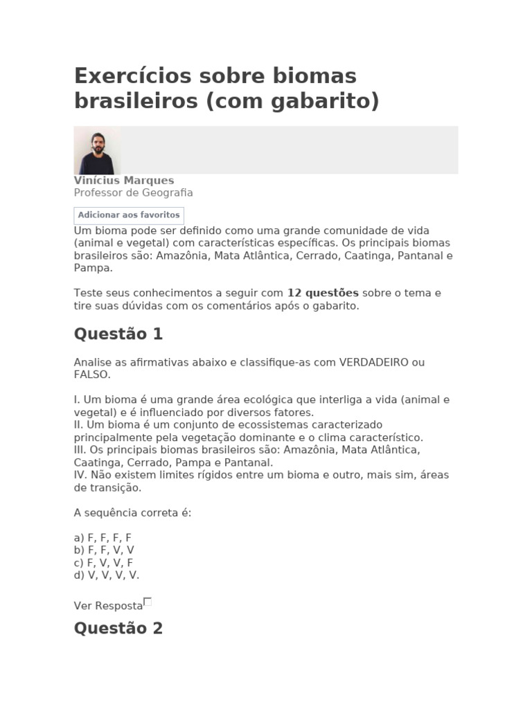 Exercícios sobre Biomas Brasileiros | PDF | Florestas | Floresta Amazônica