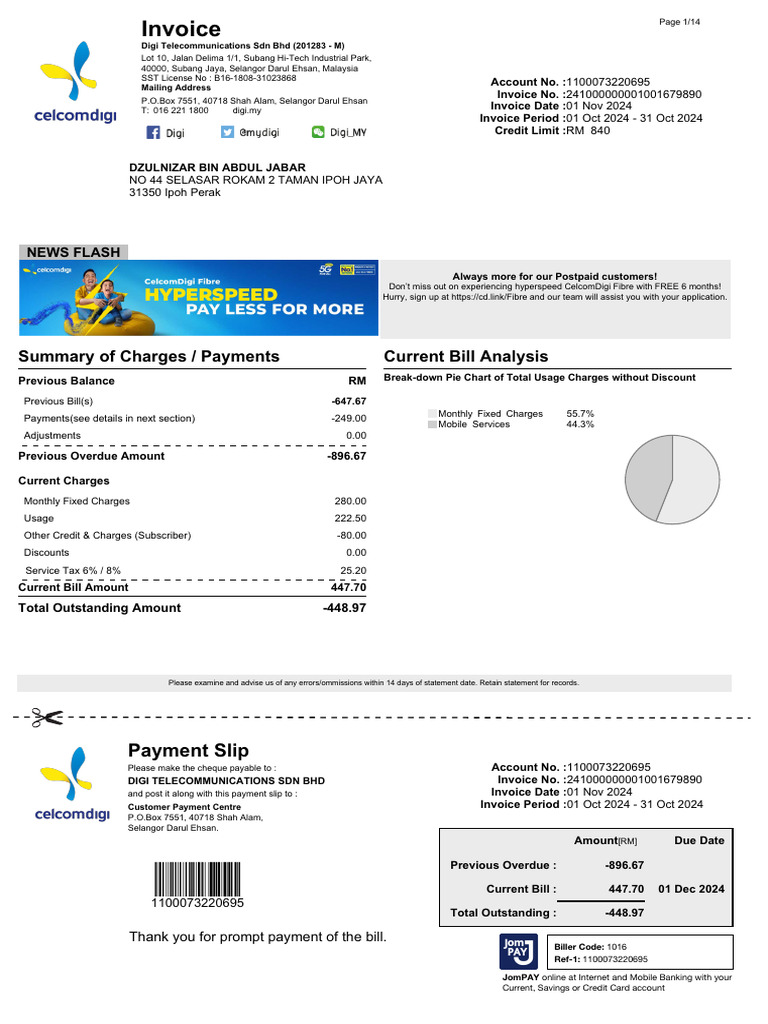 Digi Postpaid Bill Summary 01 Nov 2024 | PDF | Cheque | 3 G