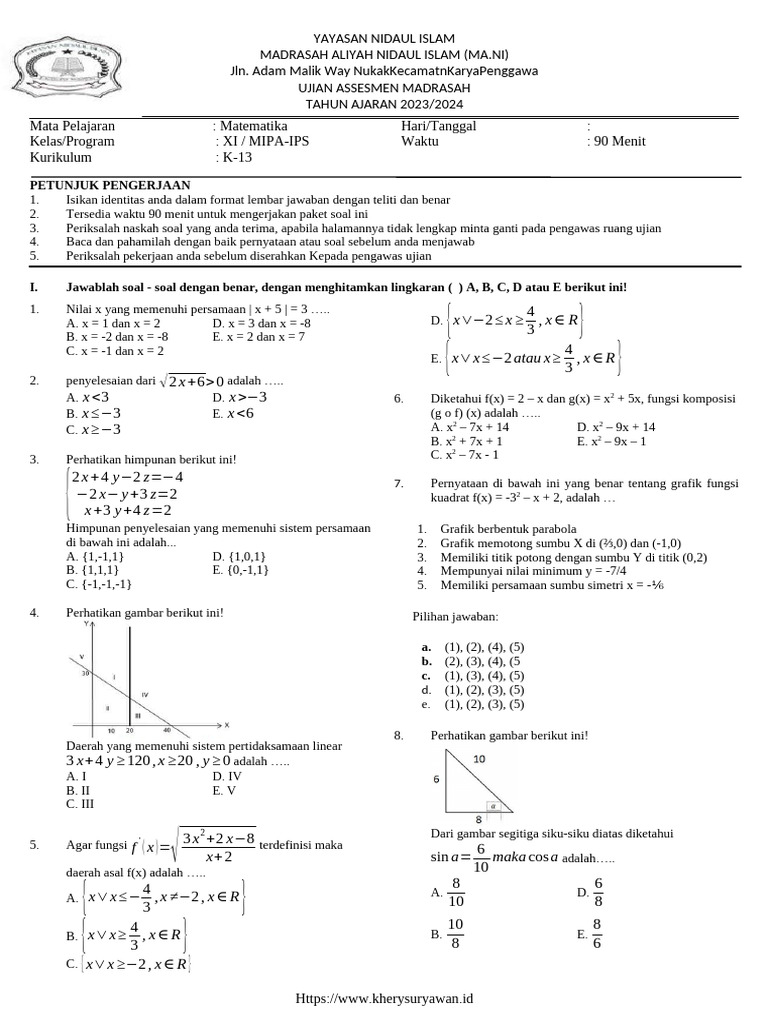 Soal Ujian Matematika MA Nidaul Islam | PDF