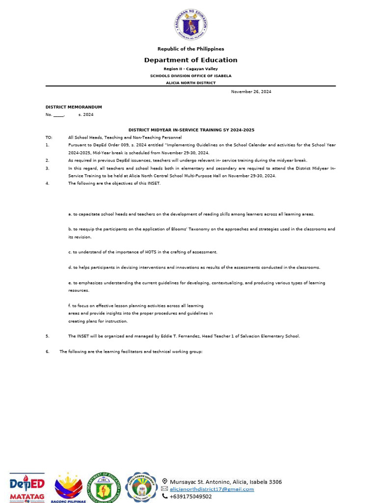 Midyear INSET Training Memo 2024-2025 | PDF | Teachers | Teaching