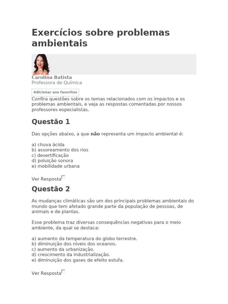 Exercícios sobre Problemas Ambientais | PDF | Ambiente natural | Poluição