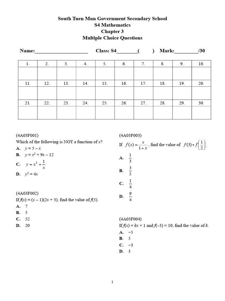 S4 Mathematics MCQ Practice Test | PDF | Cartesian Coordinate System ...