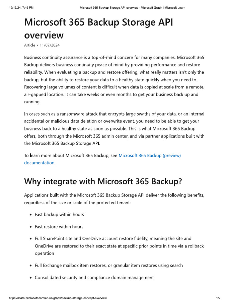 Microsoft 365 Backup Storage API Overview | PDF