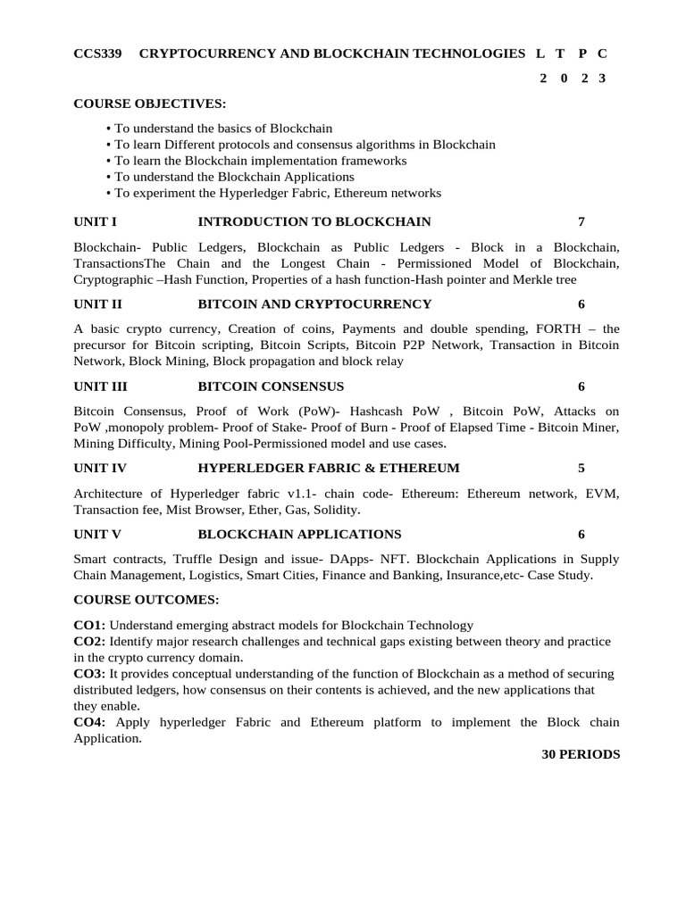 CCS339: Blockchain & Cryptocurrency Syllabus | PDF | Cryptocurrency |  Bitcoin