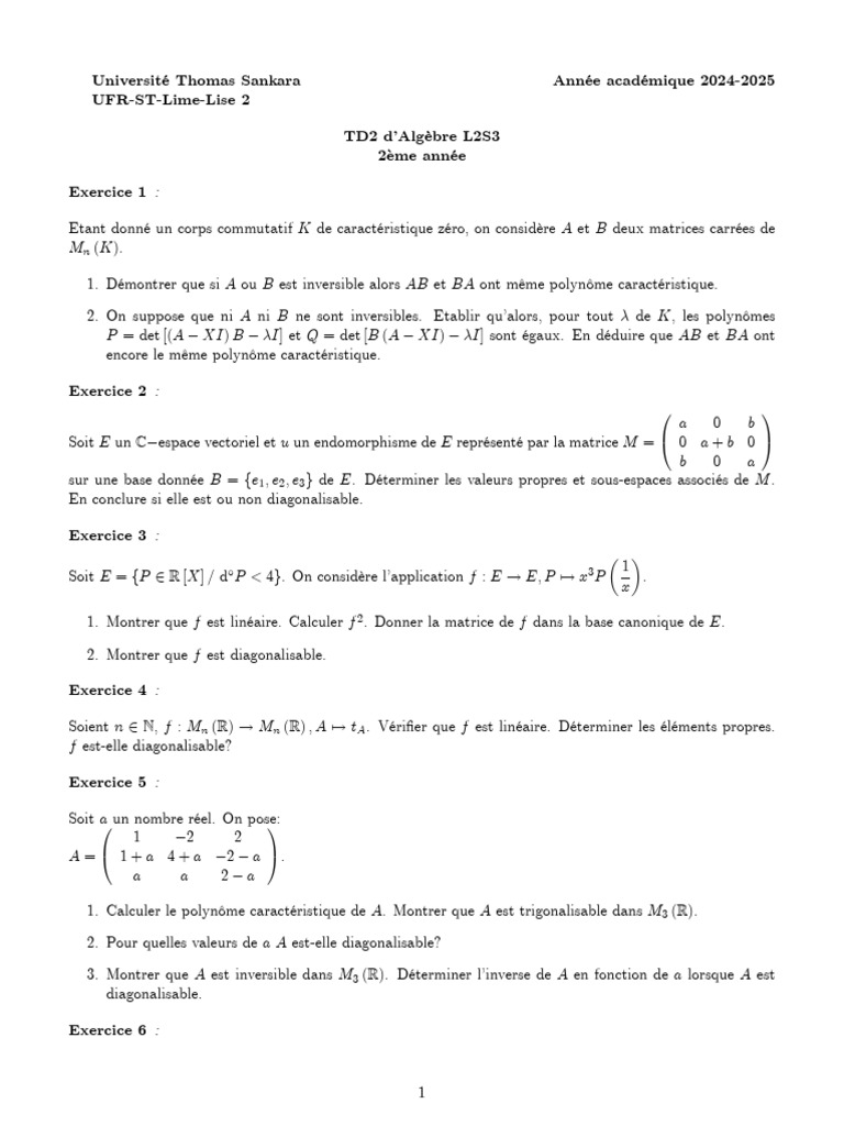 Algèbre Linéaire : Exercices et Solutions | PDF | Algèbre | Concepts ...