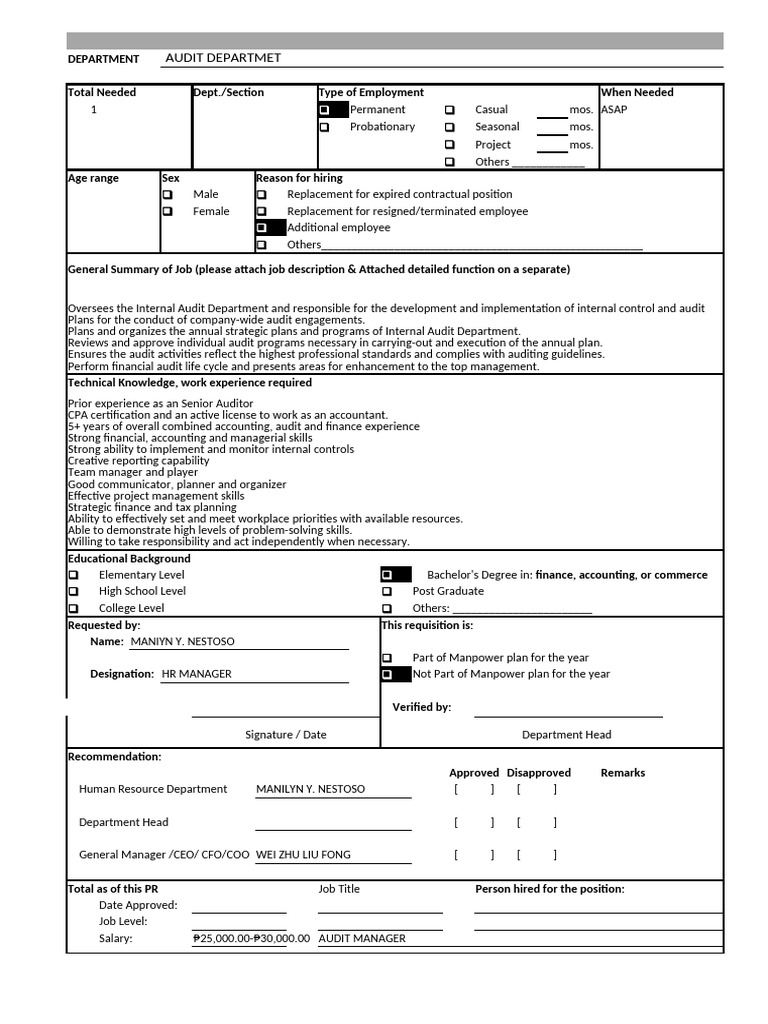 Audit Department Hiring Requisition Form | PDF | Human Resources | Audit