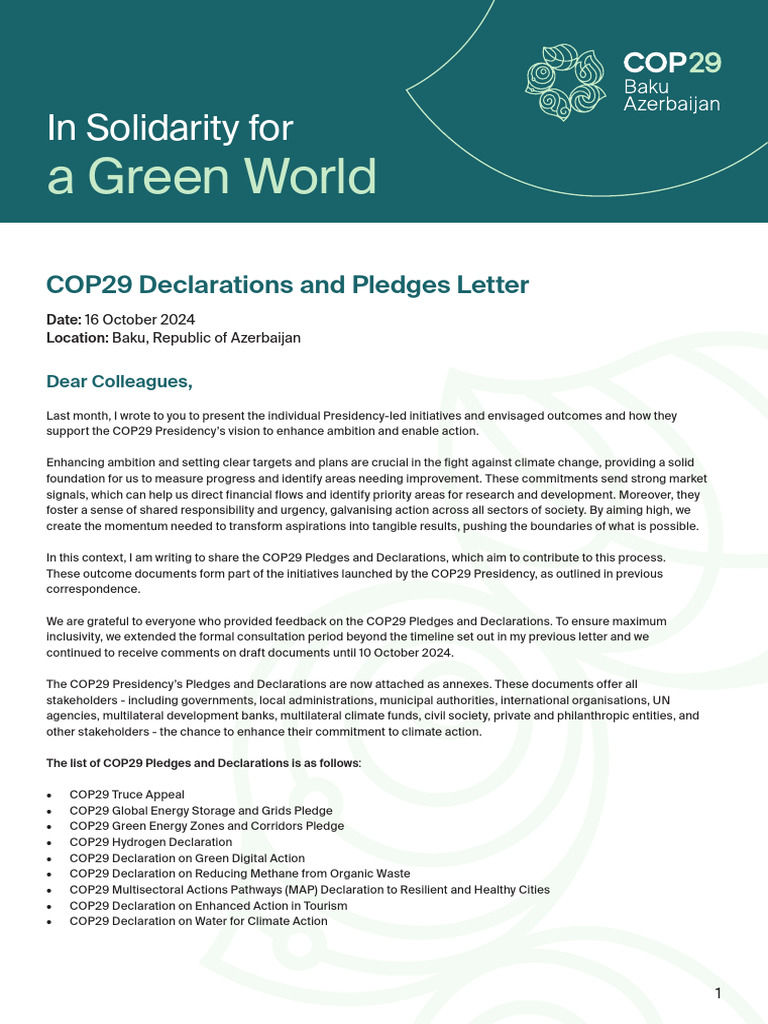 COP29 Climate Action Pledges Overview | PDF | Renewable Energy ...