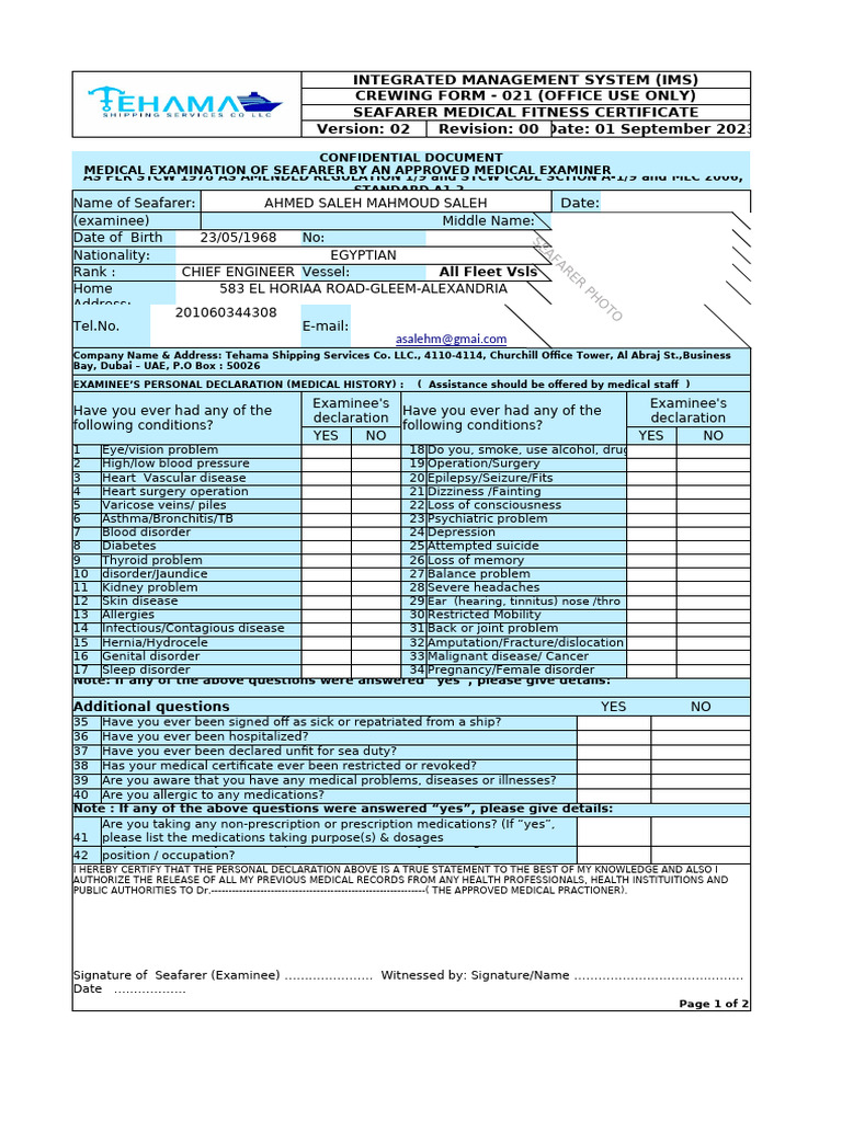 Seafarer Medical Fitness Certificate Form | PDF | Ear | Heart