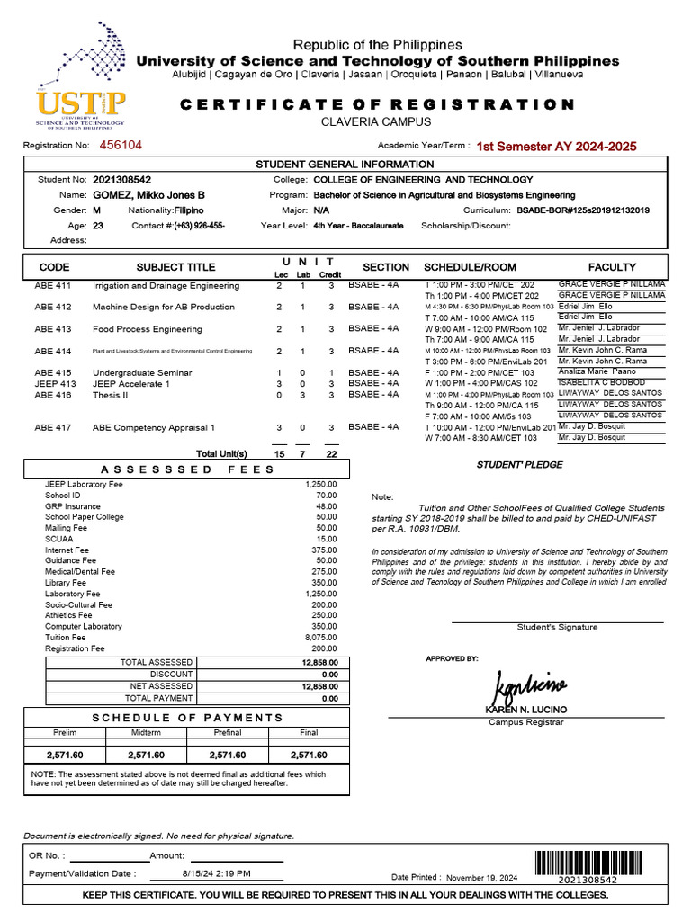 Claveria Campus Student Registration Certificate | PDF