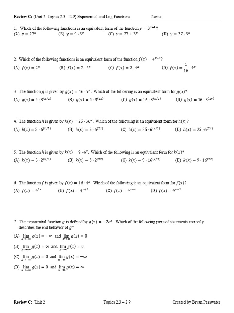 Review+C+Unit+2+Topics+2 3+-+2 9 | PDF | Function (Mathematics ...