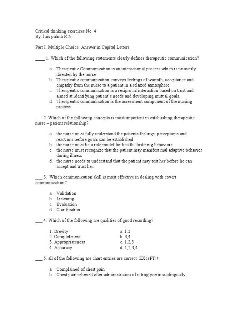 Critical Thinking Exercises No 4 | Nursing | Patient