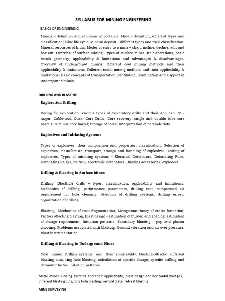 Comprehensive Mining Engineering Syllabus | PDF | Mining | Geology
