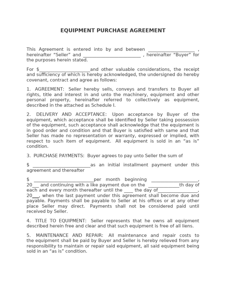Equipment Purchase Agreement Template | PDF | Indemnity | Private Law