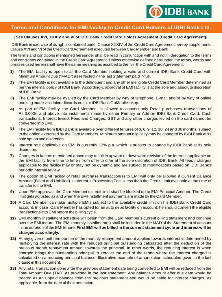 EMI Facility Terms and Conditions | PDF | Credit Card | Interest