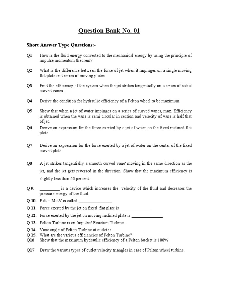 Fluid Mechanics Question Bank | PDF | Jet Engine | Turbine
