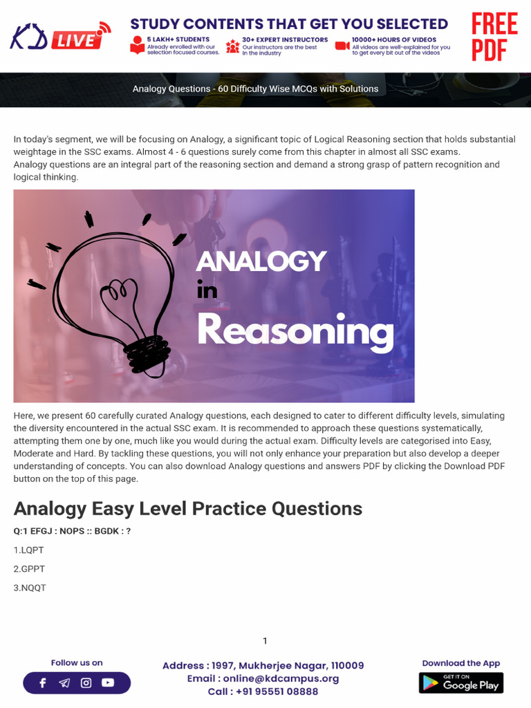 analogy-questions-60-difficulty-wise-mcqs-with-solutions | PDF