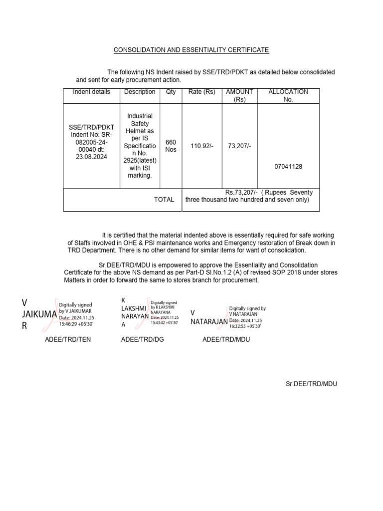 Essentiality Certificate for Safety Helmets | PDF