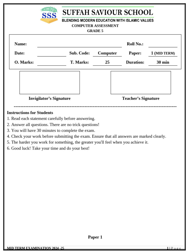 Grade 5 Computer Mid Term Exam 2024 | PDF | Computer Engineering ...