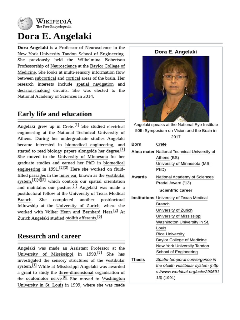 Dora E. Angelaki: Neuroscience Pioneer | PDF | Neuroscience | Nervous ...