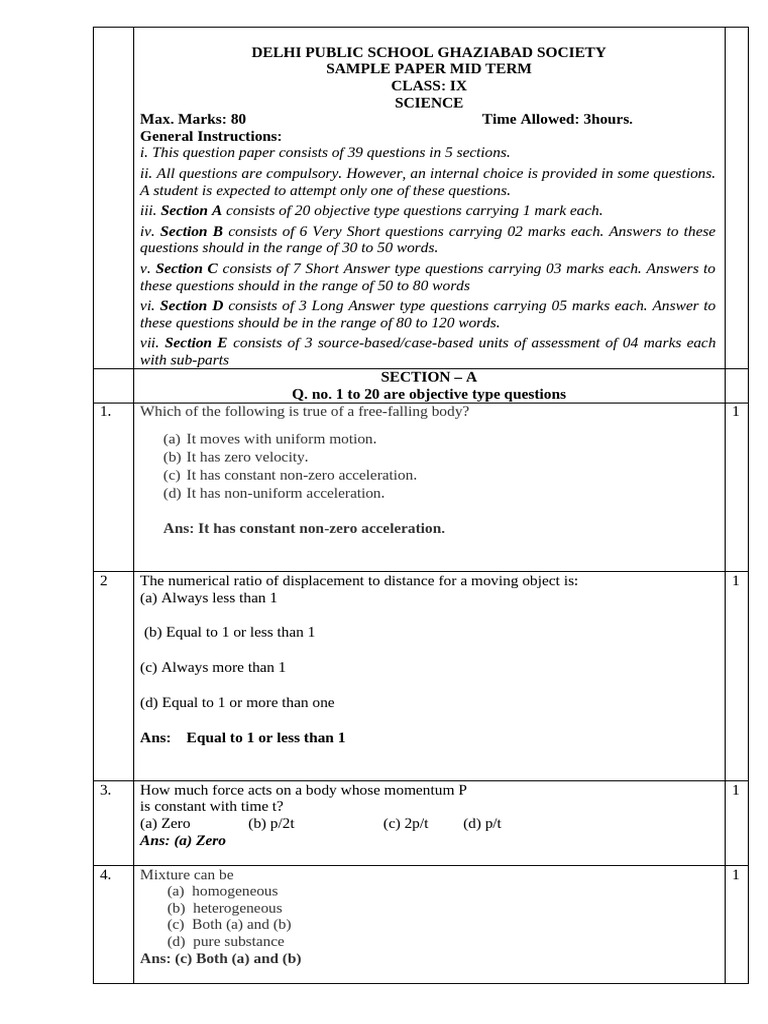 Class IX Science Mid Term Sample Paper | PDF | Mixture | Acceleration