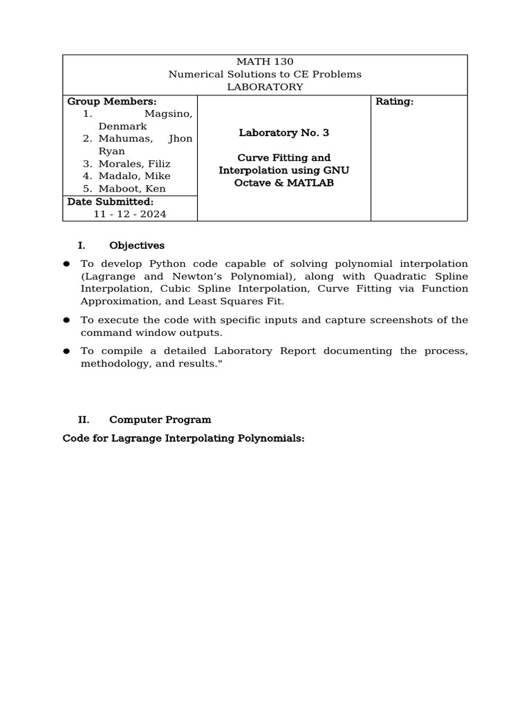 Math-130 Laboratory 3 | PDF | Spline (Mathematics) | Interpolation